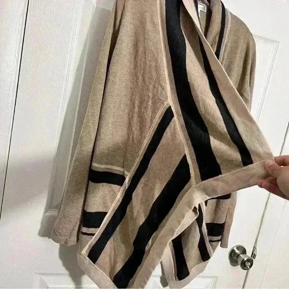 AUGUST SILK Open Front Striped Tan Cardigan | size Large - Picture 4 of 8